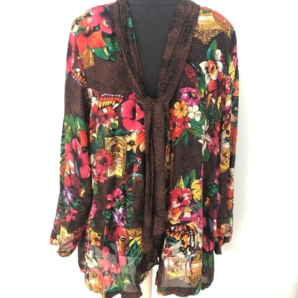 Vintage Carole Little Petites Floral Chiffon Open Blouse Cardigan with Tie 10